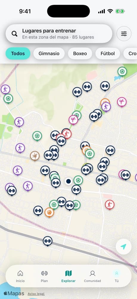 Explorar en la app de Papiao: mapa de Maracay con gimnasios, canchas y clubes cerca